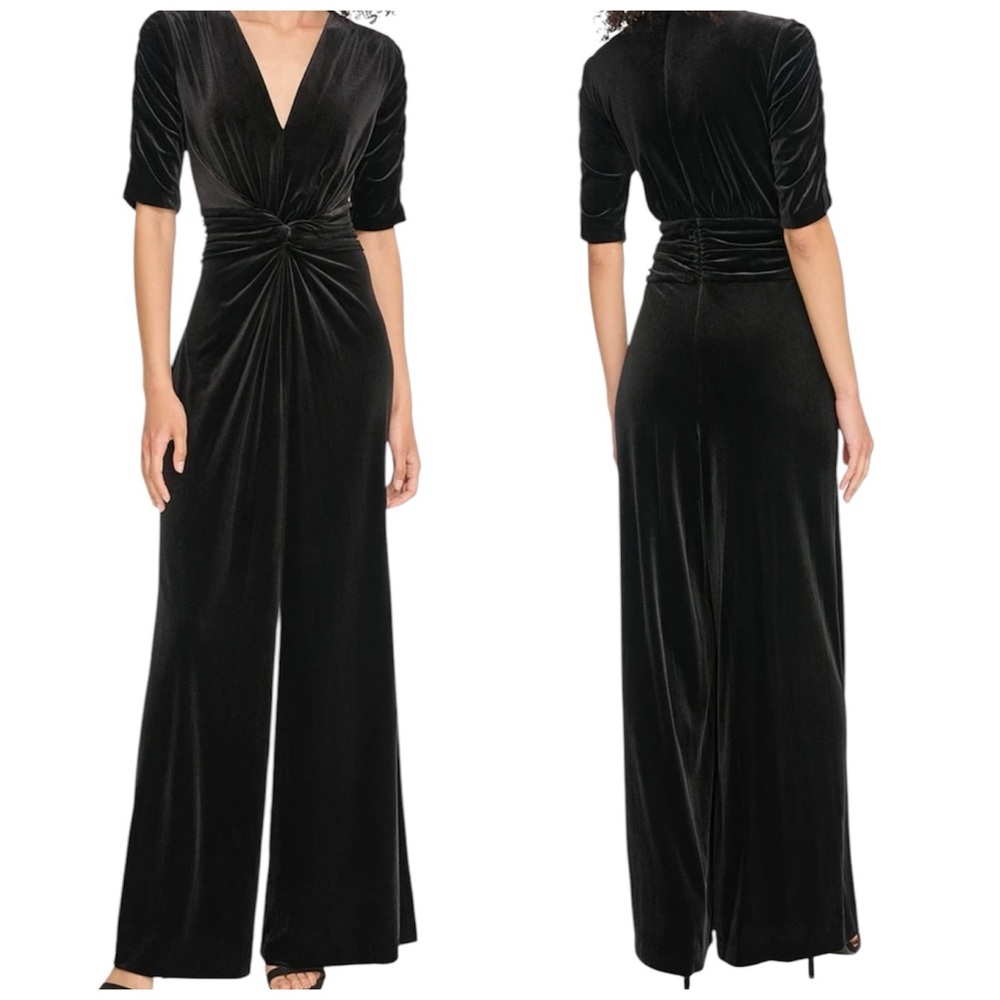 Vince Camuto Short Sleeve V-Neck Velvet Twist Wide Leg Jumpsuit